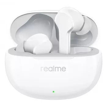 Căști true wireless realme Buds T110 cu baterie 38h, AI ENC, IPX5, Bluetooth 5.4, driver bass 10mm, încărcare rapidă USB-C, mod low latency, smart touch, albe