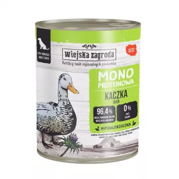 Hrană umedă pentru câini WIEJSKA ZAGRODA Mono rață – conservă 800g, fără cereale, cu o singură sursă de proteine