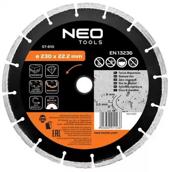 NEO TOOLS 230 mm Disc diamantat segmentat sudat cu laser pentru beton și piatră, alezaj 22,2 mm
