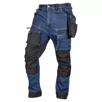 NEO TOOLS Denim Work Trousers with Cordura Reinforcements and Detachable Holster Pockets, Navy Blue, Size S