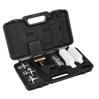 Tester de scurgeri la garnitura chiulasei NEO TOOLS 11-271 – kit detector de scurgeri de CO2 prin combustie pentru motoare pe benzină, diesel și GPL, cu 250 ml lichid albastru de bromotimol, adaptor conic universal și 10 adaptoare pentru radiator specifice mărcii