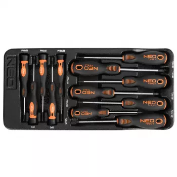 Set șurubelnițe de precizie și standard NEO TOOLS, 12 piese, cu PZ, TX, late, Phillips, vârfuri magnetice, oțel crom-vanadiu, mânere bimaterial, tavă de depozitare