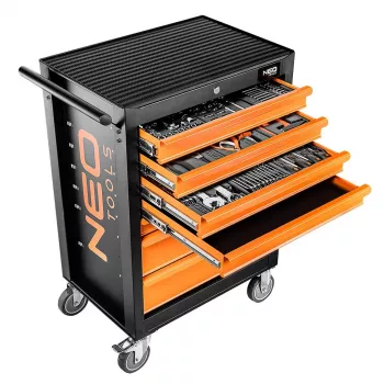 Dulap de atelier NEO TOOLS 84-222-9 cu 7 sertare și set de unelte de 129 piese, roșu/negru, glisiere cu rulmenți, închidere centrală, capacitate 400 kg