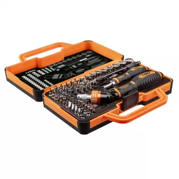 Set de biți pentru șurubelniță NEO TOOLS 69 piese cu mâner cu clichet, biți din oțel S2, hexagon 1/4 inch, Phillips, Pozidriv, plat, Torx, hexagon interior, pătrat, Spanner, Tri-Wing, Torq-Set, suport magnetic, valiză de depozitare