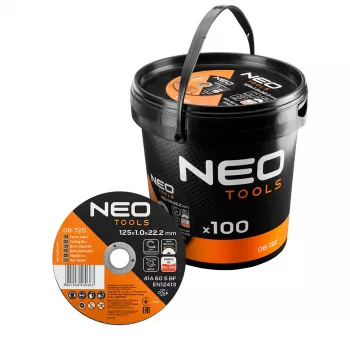 Discuri de tăiere metal NEO TOOLS 41A 60 S BF - 125x1,0x22,23 mm OȚEL/INOX, 100 bucăți în găleată