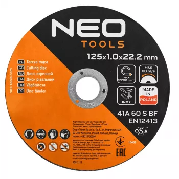 Discuri de tăiere metal NEO TOOLS 41A 60 S BF - 125x1,0x22,23 mm OȚEL/INOX, 100 bucăți în găleată