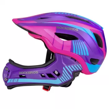 Cască de bicicletă convertibilă pentru copii Rockbros TT-32SBPP-M cu protecție detașabilă pentru bărbie, mărimea M, violet-roz