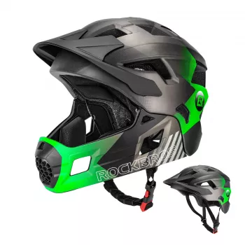Cască de bicicletă convertibilă pentru copii cu bărbie detașabilă Rockbros TS-61, verde, mărimea M (54-57 cm)