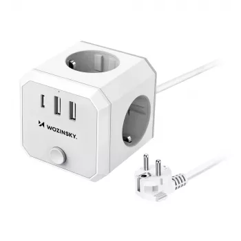 Wozinsky WKZ-3B Cub de alimentare 4 prize cu 2 USB-A și 1 USB-C, 4000 W, cablu 1,8 m, alb