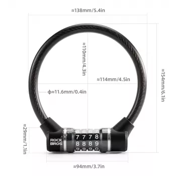 Antifurt cu cablu de oțel cu combinație pentru bicicletă ROCKBROS 87639-4, negru