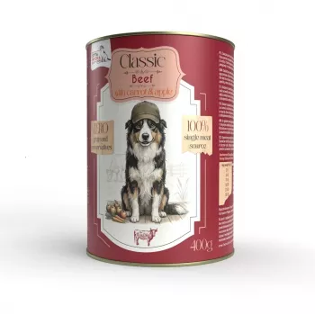 Hrană umedă fără cereale pentru câini Syta Micha cu vită și morcov - conservă 400 g
