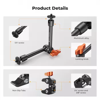 Kit de montare KF Magic Arm + Super Clamp cu filete de 1/4 inch și 3/8 inch, clește 15-55mm, negru