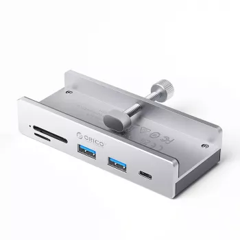 Hub USB-C ORICO MH5PC cu clemă, 2x USB-A, 1x USB-C, cititor card SD/TF - argintiu