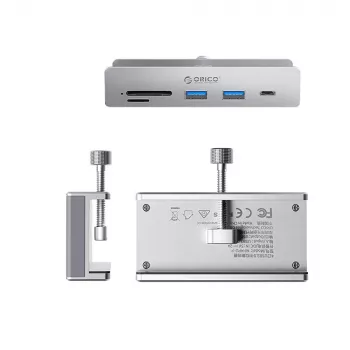 Hub USB-C ORICO MH5PC cu clemă, 2x USB-A, 1x USB-C, cititor card SD/TF - argintiu