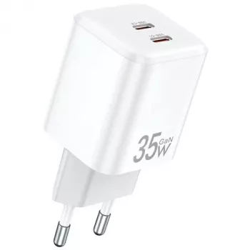 Încărcător de perete AWEI PD65-EU 35W GaN dual USB-C alb