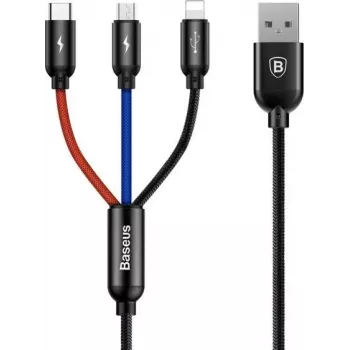 Baseus Primary Colors cablu 3-în-1 USB 2.0 Type-A la Micro, USB-C & Lightning 30cm negru/roșu/albastru