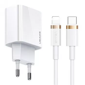 Set Încărcător de perete USAMS T34 20W USB-C PD cu cablu U63 USB-C la Lightning - alb