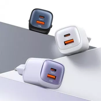 Încărcător de perete cu încărcare rapidă USAMS CC254 30W GaN USB-C/USB-A HC Series negru