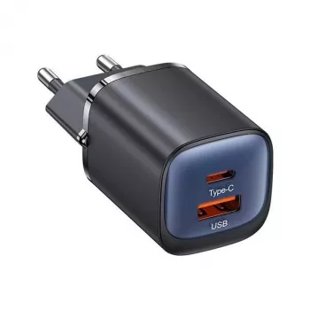 Încărcător de perete cu încărcare rapidă USAMS CC254 30W GaN USB-C/USB-A HC Series negru