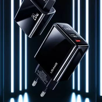 Încărcător de perete USAMS 20W cu două porturi USB-C PD3.0 + USB-A QC3.0 (ștecher EU, negru)