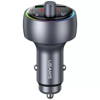 USAMS CC328 30W Bluetooth FM Transmitter Car Charger with USB-C PD and USB-A QC3.0, Hands-Free Calling, LED Display, Black