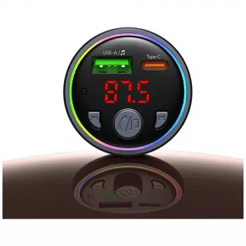 USAMS CC328 30W Bluetooth FM Transmitter Car Charger with USB-C PD and USB-A QC3.0, Hands-Free Calling, LED Display, Black