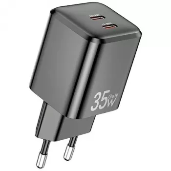 Încărcător de perete GaN AWEI PD65-EU 35W, 2x USB-C, negru