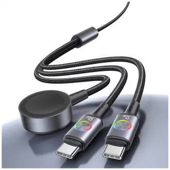 USAMS Huan Series SJ754 Cablu USB-C la USB-C 72W cu încărcător wireless magnetic integrat pentru smartwatch, Negru, 1,2m
