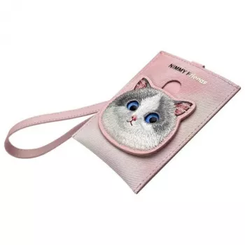 NIMMY Big Eyed Pet 2.0 Cat Pink PU Leather Card Holder Wallet with 6 Card Slots, Coin Pocket, and Zipper Closure