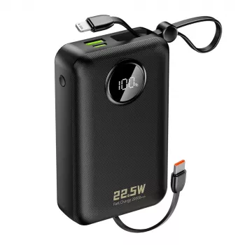 DUDAO K14+ power bank 20000mAh 22.5W cu cabluri Lightning și USB-C integrate - negru
