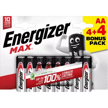 Baterii alcaline Energizer Max AA, 1,5 V, pachet de 8 (4+4)