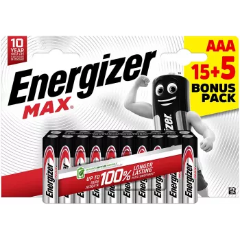 Baterii alcaline Energizer Max Micro AAA 1,5 V, 20 bucăți (E303349400)