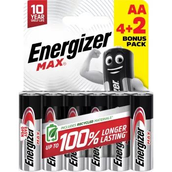 Baterii alcaline Energizer Max AA, 1,5 V, set de 6 (4+2)