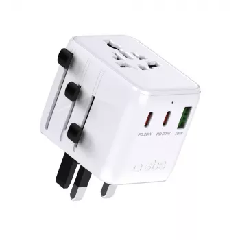 Adaptor universal de călătorie SBS cu 2x USB-C PD 20W și 1x USB-A QC 18W, 35W total, alb