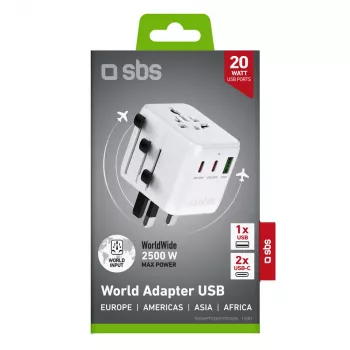 Adaptor universal de călătorie SBS cu 2x USB-C PD 20W și 1x USB-A QC 18W, 35W total, alb