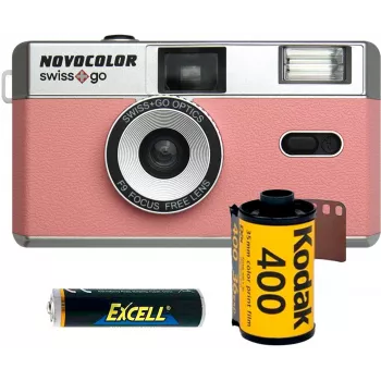Pachet aparat foto analogic Swiss+Go Novocolor 35mm cu flash, Roz (SWI401611)