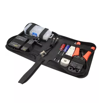 Set profesional de unelte de rețea DSIT DC-TOOLSET-PRO cu clește de sertizare, tester, unealtă de împingere, clești, șurubelnițe, conectori și husă cu fermoar