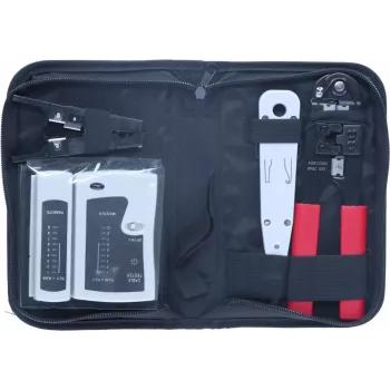 Set de 9 unelte de instalare și reparare de rețea DSIT cu clește de sertizare RJ45, tester de cablu, unealtă de împins și husă cu fermoar (DC-TOOLSET)