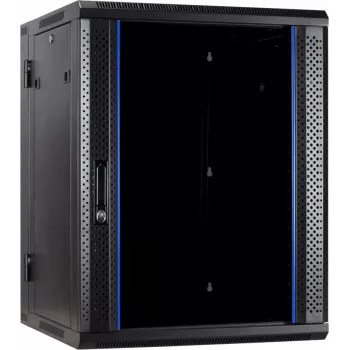 Dulap de server DSIT 18U pentru montaj pe perete cu ușă din sticlă securizată, reversibilă, 600x600x900 mm, negru