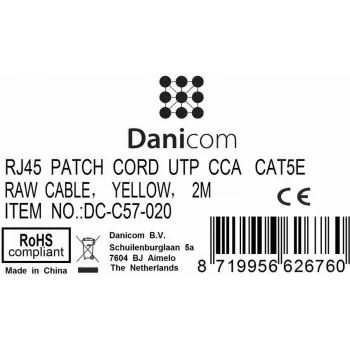 Cablu patch de rețea DSIT CAT 5e U/UTP, RJ45 tată la tată, 2m, galben, CCA, 100 MHz