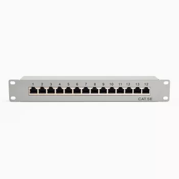Patch panel DSIT 10 inch 12 porturi Cat5e STP – montaj rack 1U, RJ45 ecranat, negru