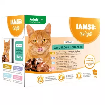 Hrană umedă pentru pisici EUKANUBA IAMS DELIGHTS Land & Sea Collection în sos – 12x85g plicuri (somon și cod, pui și curcan, miel și ardei roșu)