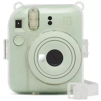 Husă cu sclipici Fujifilm Instax Mini 12 - Toc transparent cu sclipici pentru cameră, cu curea de umăr reglabilă, închidere magnetică, protecție din piele PU și PVC personalizată pentru Instax Mini 12