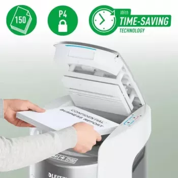 Distrugător de documente cu tăiere în particule Leitz IQ Optimax AutoFeed 150 P-4 cu alimentare automată 150 de coli și coș 15L, negru