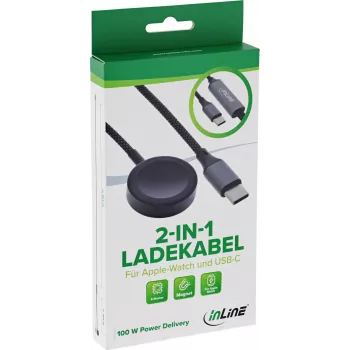 InLine® Cablu de încărcare 2-în-1 pentru Apple Watch + USB-C, 100 W, USB 2.0, 1,2 m