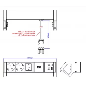 Bachmann DESK2 Modul de alimentare pentru birou, alb, cu 2 prize Schuko și USB-A/C 22W, 0,2 m GST18