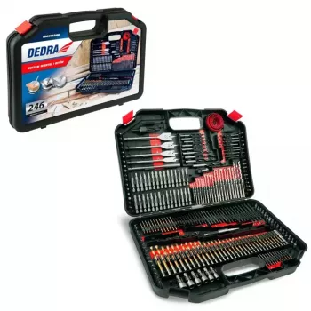 Set de burghie și biți de șurubelniță DEDRA 18A11S246 cu 246 de piese cu burghie HSS, pentru lemn, zidărie și biți de șurubelniță CrV în valiză din plastic