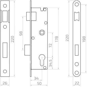 Încuietoare de încastrare PSG 63.211 L/P cu limbă și zăvor, reversibilă, 220 x 22 mm, 72 mm PZ, 50 mm distanță, oțel zincat