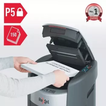 Distrugător de documente cu tăiere în particule Rexel ShredMax AutoFeed+ 150M P-5, alimentare automată 150 de coli, coș 15L