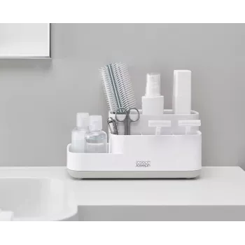 Organizator de baie Joseph Joseph EasyStore alb/gri – organizator compact cu mai multe compartimente și drenaj ventilat